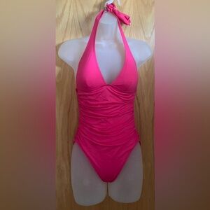 DKNY Hot Pink Halter Swimsuit With Ruching Small